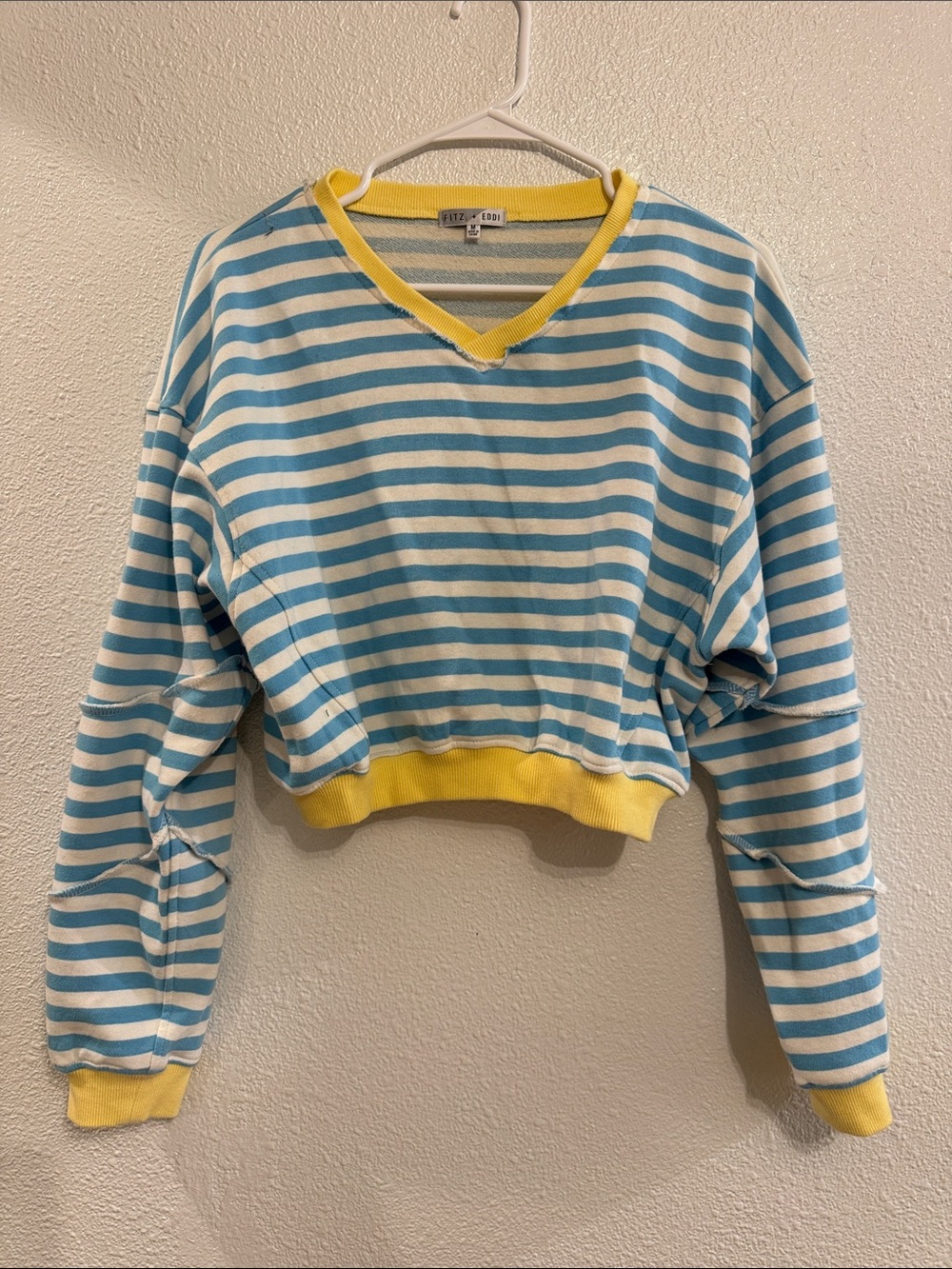 Fitz & Eddie Striped Blue and White Cropped Sweater with Yellow Trim